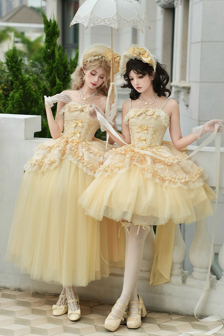 Yellow [Sissi's Pilgrimage] Off Shoulder Ruffle Bowknot Lace Sweet Lolita Skirt (Short Version)
