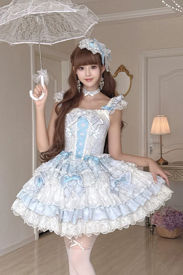 Blue [Honey Sweet Tart] Square Collar Sleeveless Multi-Layered Jacquard Ruffled Bow Lace Lace-Up Lolita Jsk Dress