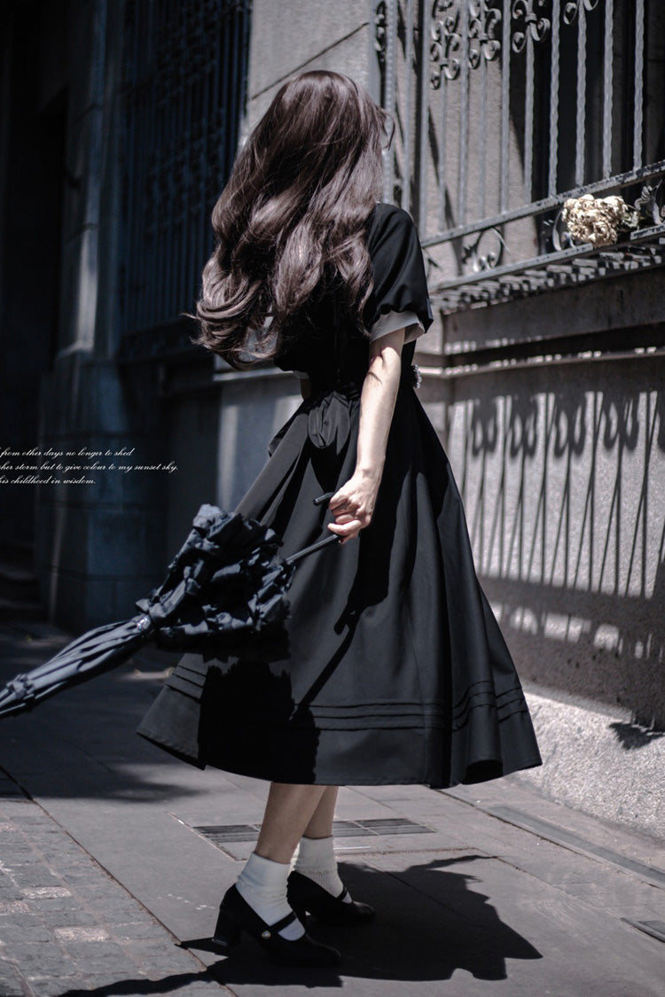 Black [Random Thoughts] Square Collar Short Sleeves Ruffle Classic Vintage Elegant Lolita Dress