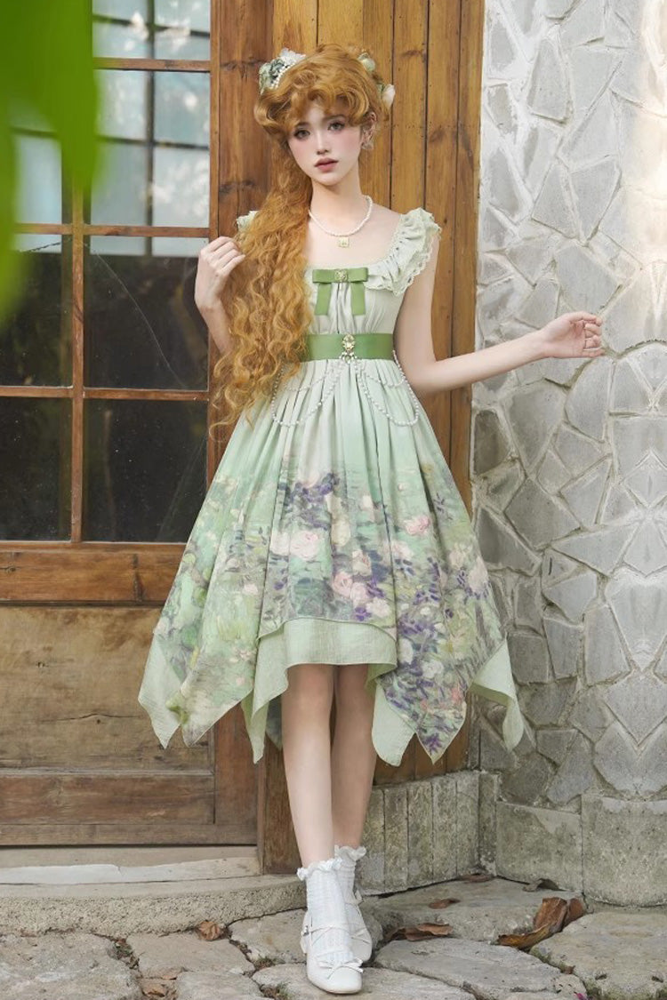 Green [Blooming Roses] Print Oil Painting Chiffon Ruffle Bowknot Irregular Sweet Lolita Jsk Dress