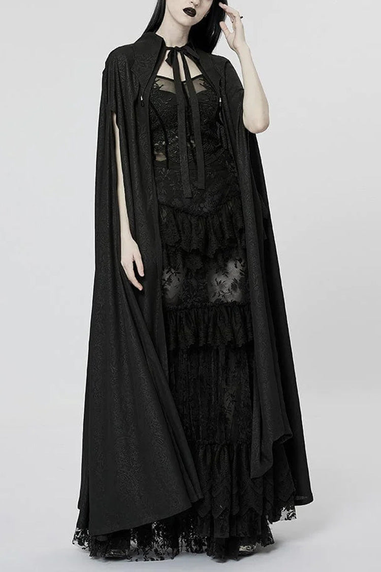 Black Mesh Lapel Collar Lace Jacquard Womens Gothic Cloak