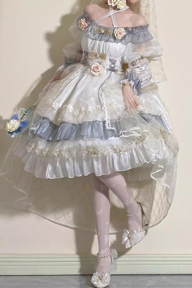 Grey/Blue [Spring of Boliya] Long Sleeves Multi-Layered Ruffle Bowknot Lace Lace-Up Sweet Princess Lolita Dress