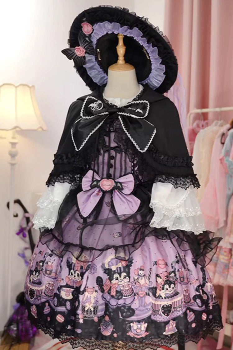 Purple [Devil Cat] Print Ruffle Bowknot Lace Gothic Lolita Jsk Dress (Plus Size Support)