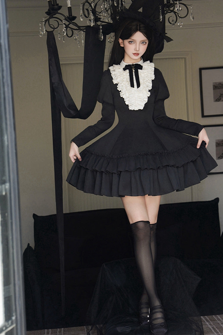 Black [Miss Weir] Stand Collar Long Sleeves Double-Layered Ruffle Gothic Lolita Dress