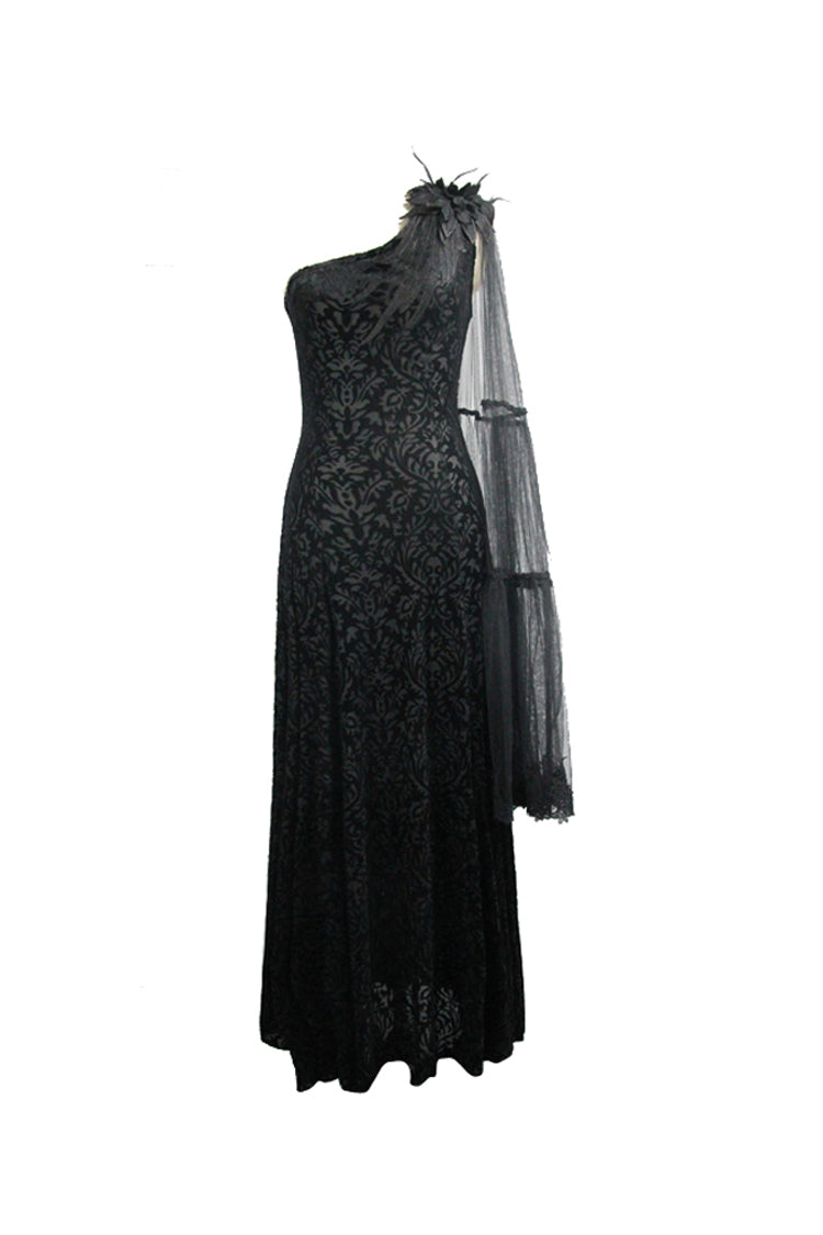Black One Shoulder Mesh Shawl Feather Lace Decoration Velvet Long Women's Gothic Dress
