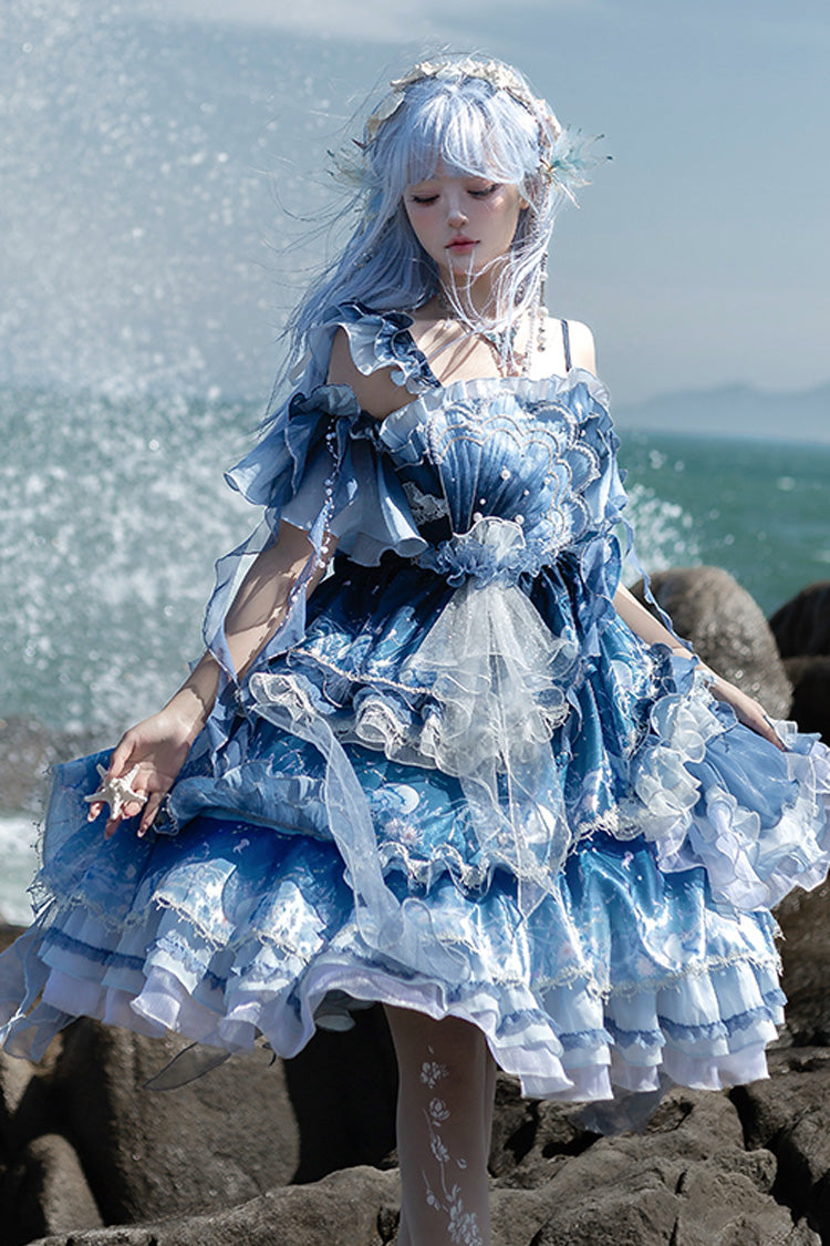 Blue [Jellyfish] Gradient Print Ruffle Embroidery Bowknot Lace Asymmetric Sweet Elegant Lolita Jsk Dress
