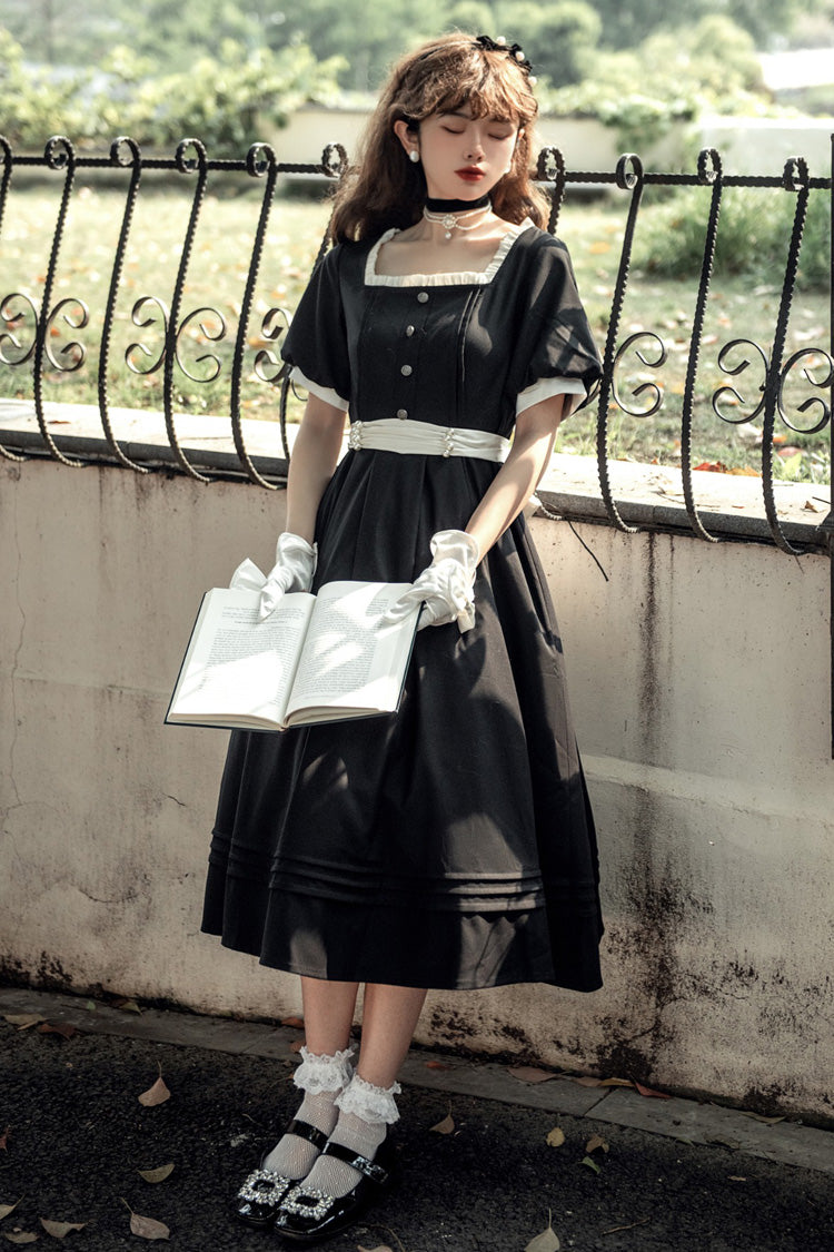 Black [Random Thoughts] Square Collar Short Sleeves Ruffle Classic Vintage Elegant Lolita Dress