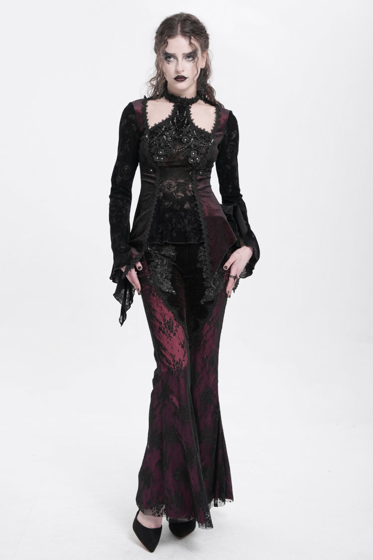 Red Floral Embroidery Stitching Lace Women's Gothic Pants