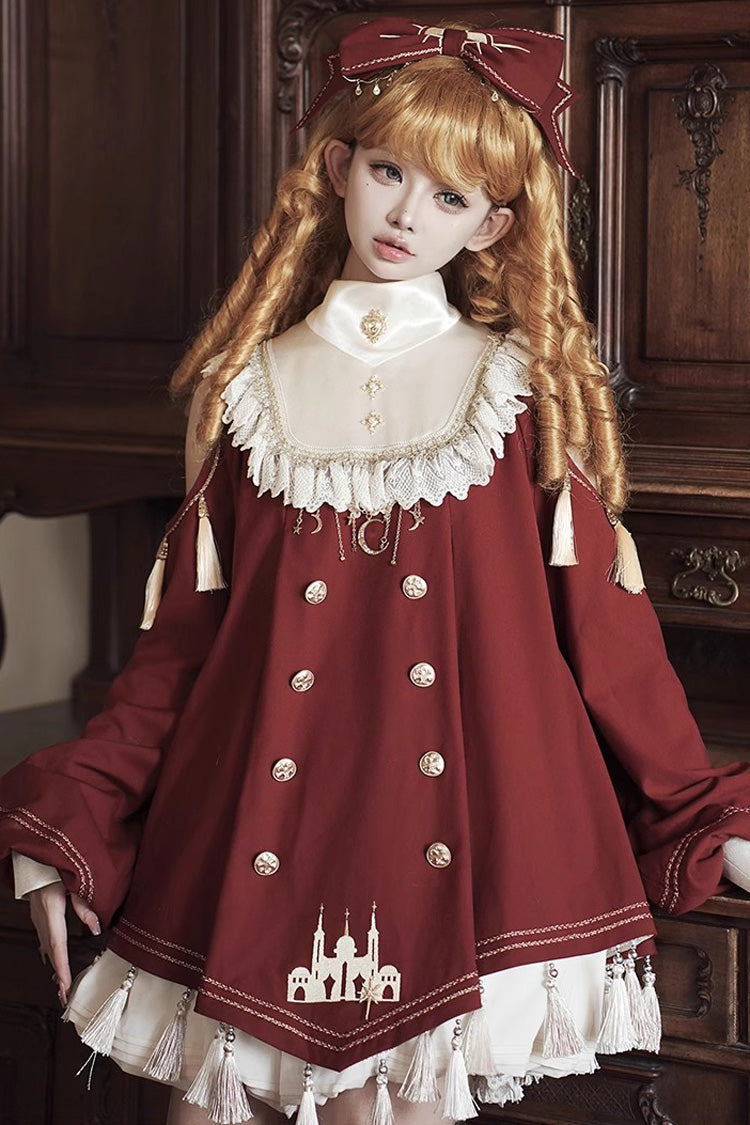 Rotes [Sternenklare Nacht] Langarm Rüschenstickerei Süßes Prinzessin Lolita Kleid Komplettset 