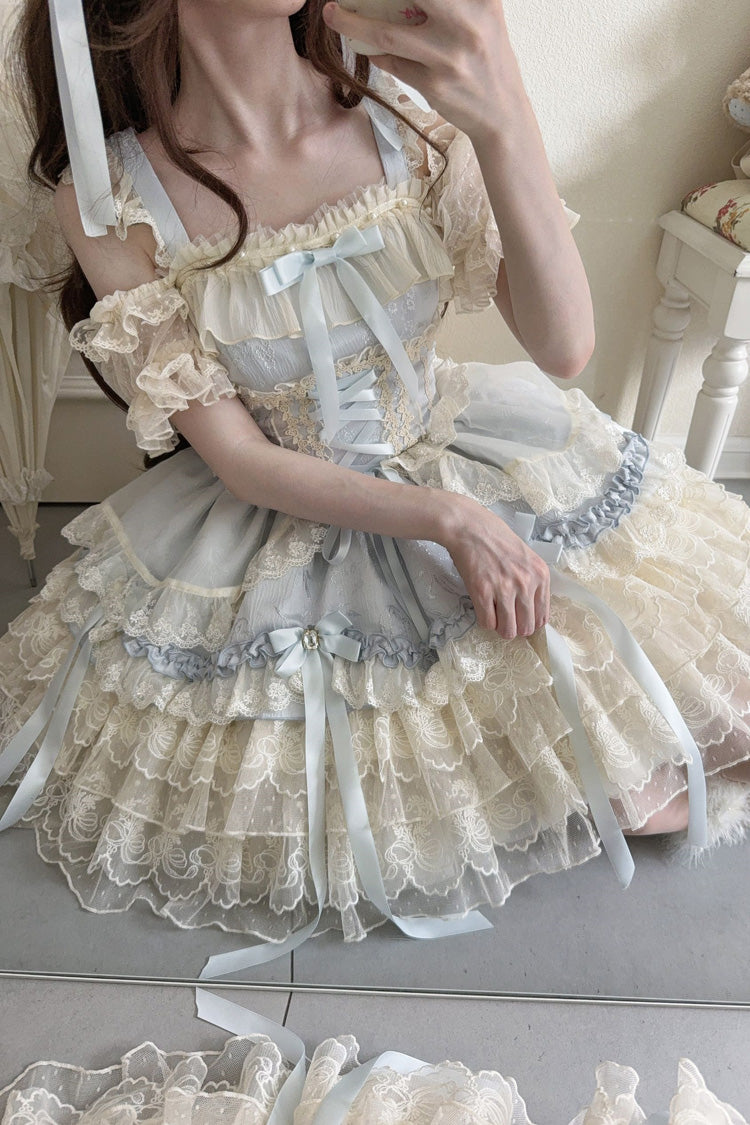 Blue [Ribbon Heart Love] Sleeveless Multi-Layered Ruffle Bowknot Lace Lace-Up Sweet Princess Ballet Lolita Jsk Dress
