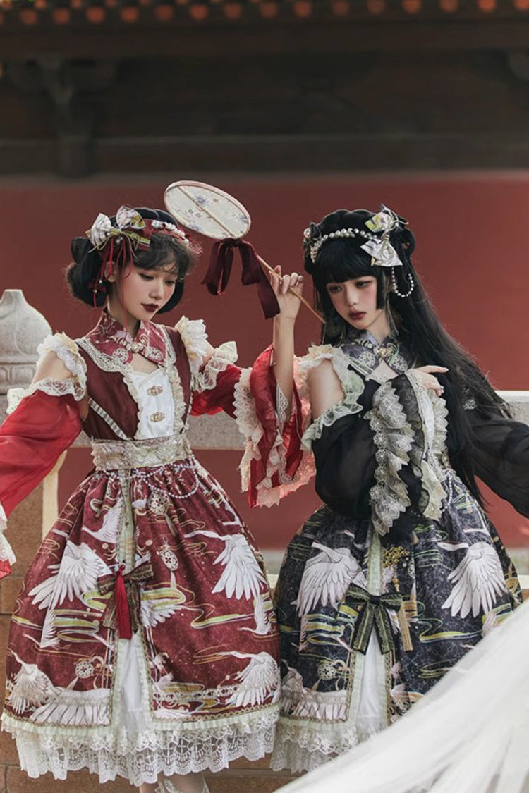 Chinese Style Long Sleeves Print Ruffle Lace Sweet Lolita Dress 3 Colors