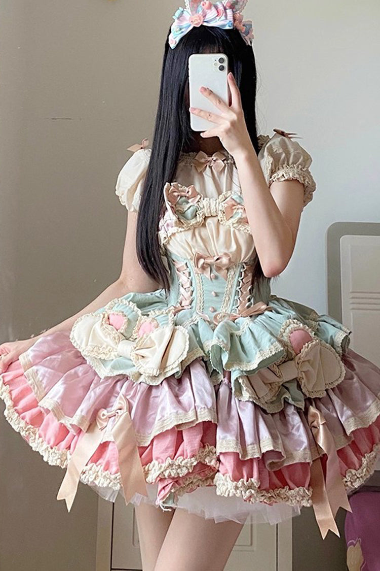 [Ribbon Dance] Multi-Layered Ruffle Bowknot Lace-Up Sweet Princess Lolita Dress 3 Colors
