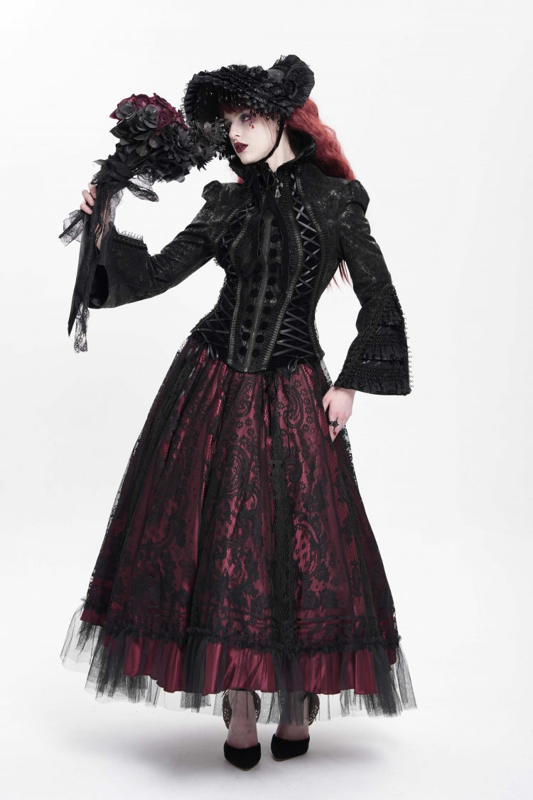 Black Lapel Collar Long Trumpet Sleeves Ruffle Lace-Up Zipper Women's Gothic Jacket