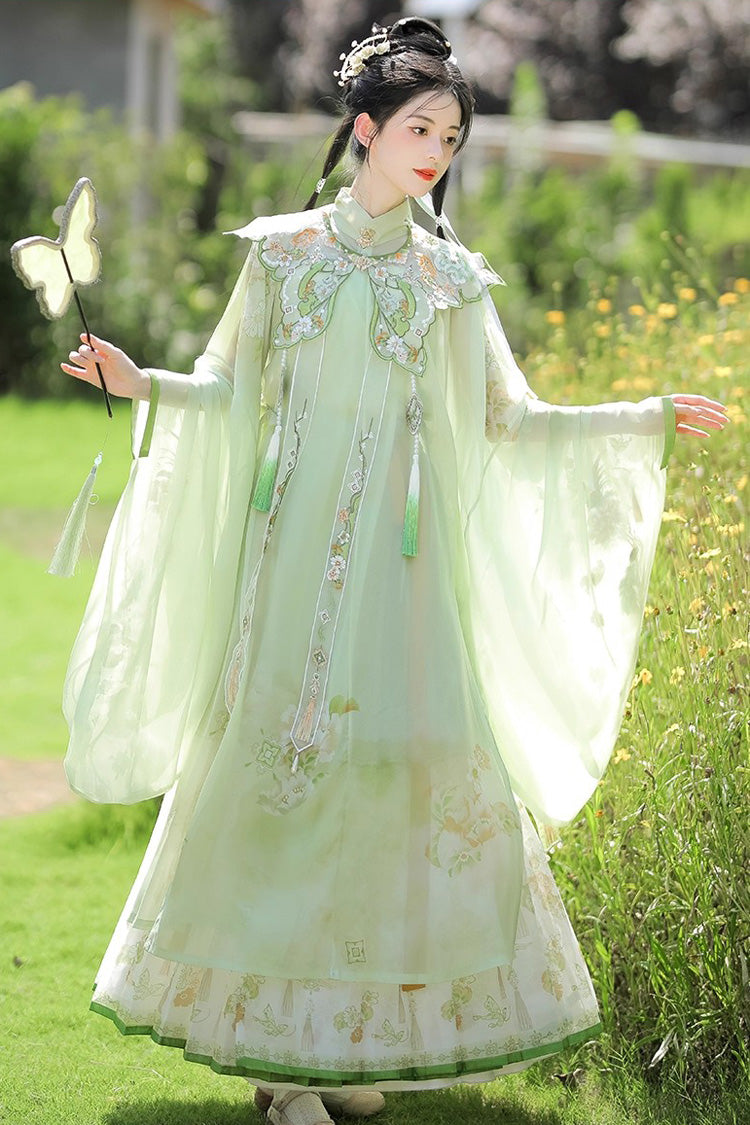 Green [Emerald Fantasy] Ming Dynasty Round Collar Long Sleeves Print Embroidery Sweet Hanfu Dress Set