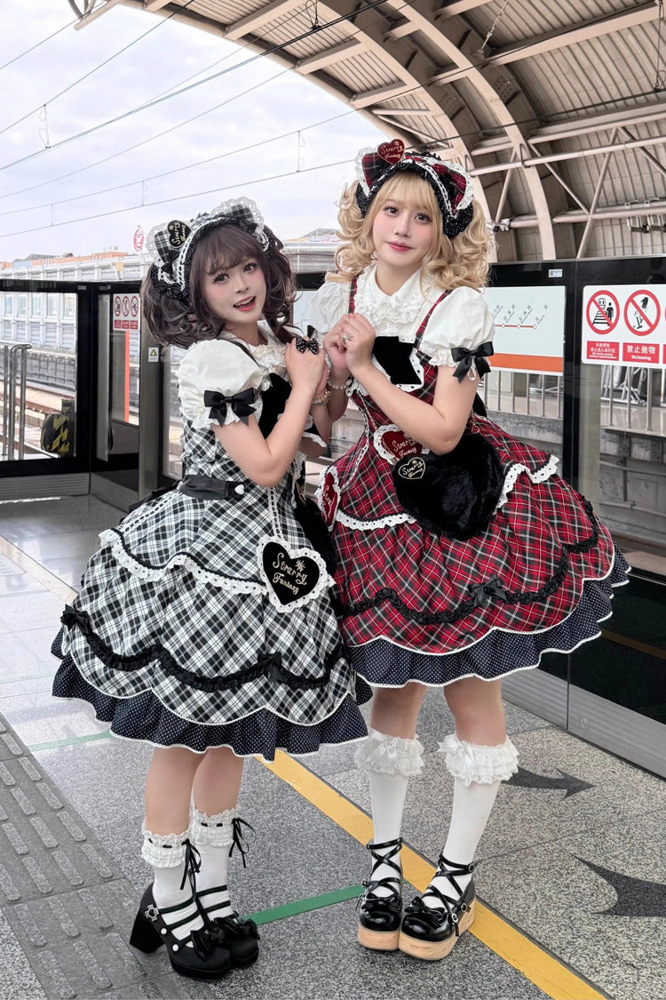 Red [Shibuya Sweetheart] Sleeveless Plaid Print Ruffle Bowknot Sweet Lolita Jsk Dress (Plus Size Support)