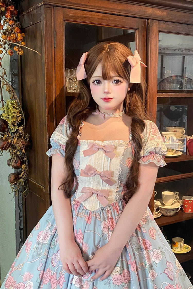 Blue Gem Rose Print Short Puff Sleeves Ruffle Bowknot Sweet Plus Size Lolita Dress