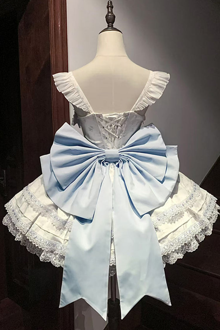 Blue [First Love Rose] Multi-Layered Print Ruffle Bowknot Lace Sweet Lolita Jsk Dress Set