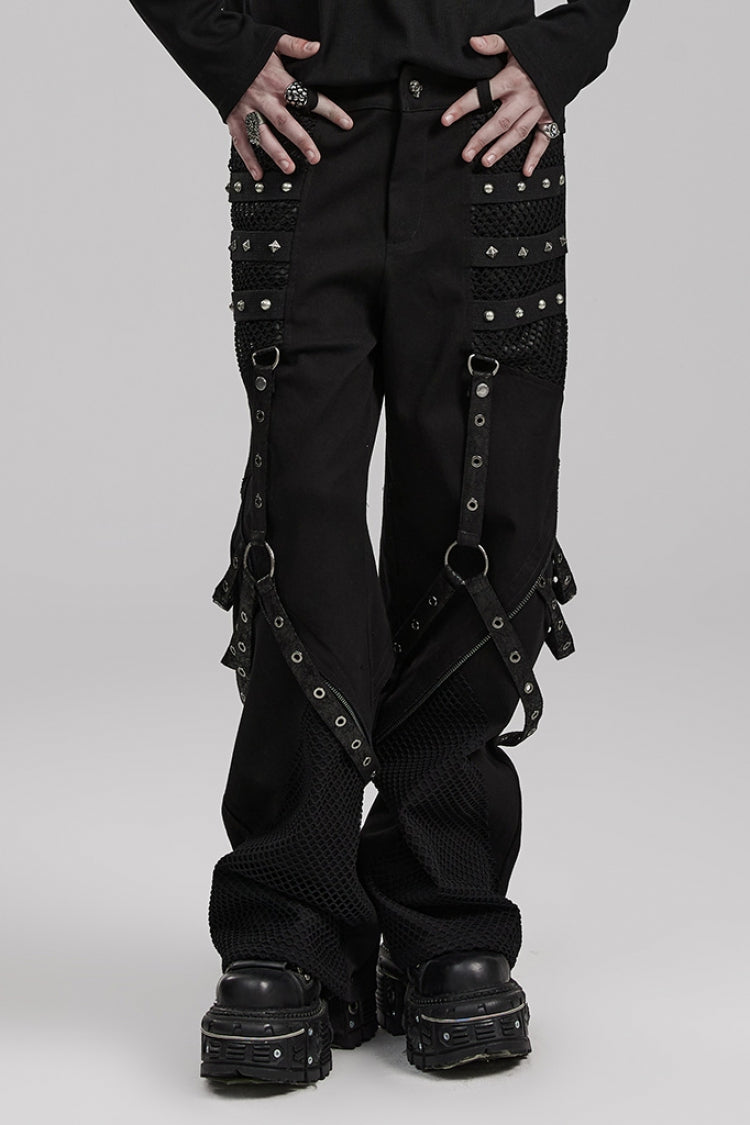 Cracked Leather Stitching Metal Rivet Decoration Mesh Men's Steampunk Pants 2 Colors
