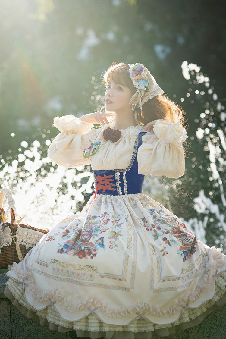 Ivory [Ode to Plenty] Berries and Birds Print Ruffle Bowknot Velvet Classic Lolita Breast Support Jsk Dress