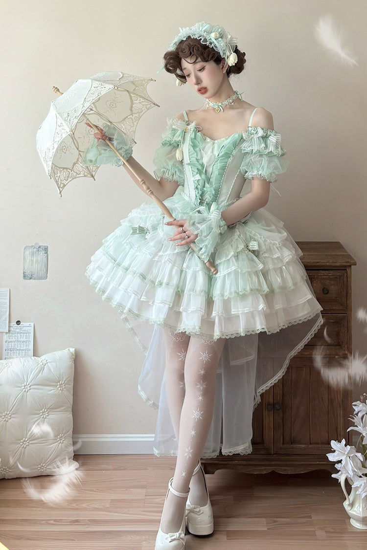 Green [Tulip and Wind Chime] Multi-Layered Ruffle Bowknot Lace Sweet Gorgeous Lolita Jsk Dress