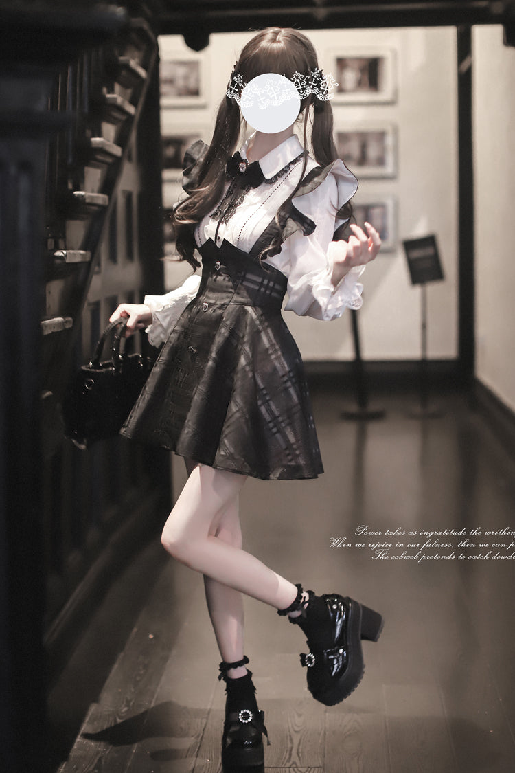 Black Plaid Print Classic College Style Elegant Lolita Strap Short Dress