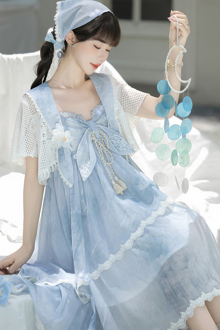 Blue [Clouds Resting in the Wilderness] Print Ruffle Embroidery Bowknot Lace Irregular Lolita Jsk Dress