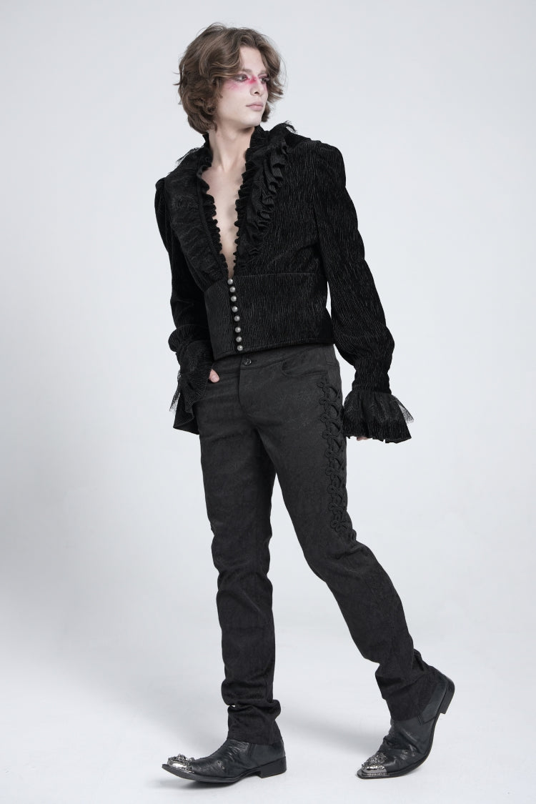 Black V Collar Long Sleeves Ruffle Stitching Lace Men's Gothic Blouse