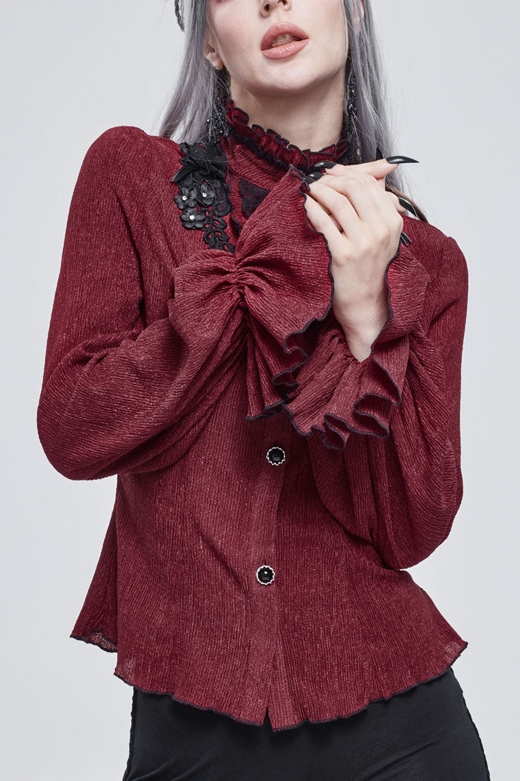 Red Lace High Neck Three Dimensional Embroidered Lantern Trumpet Sleeves Women's Gothic Shirt