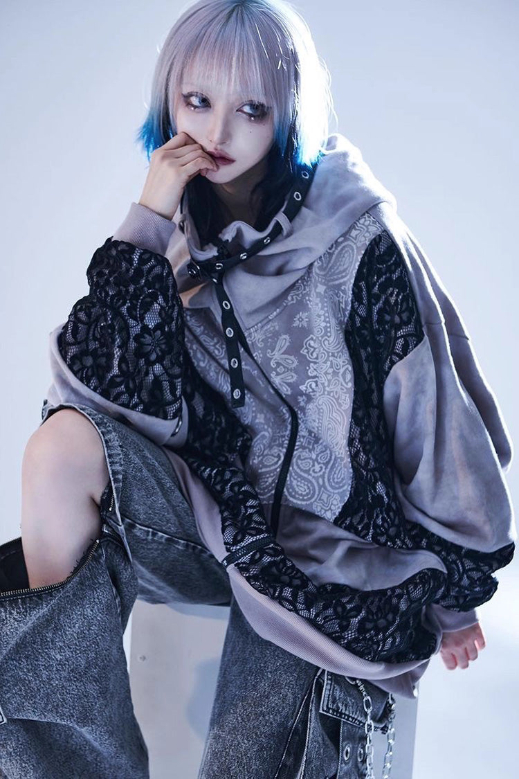 Color Blocking Long Sleeves Print Hooded Tie-dyed Zipper Jirai Kei Japanese Coat