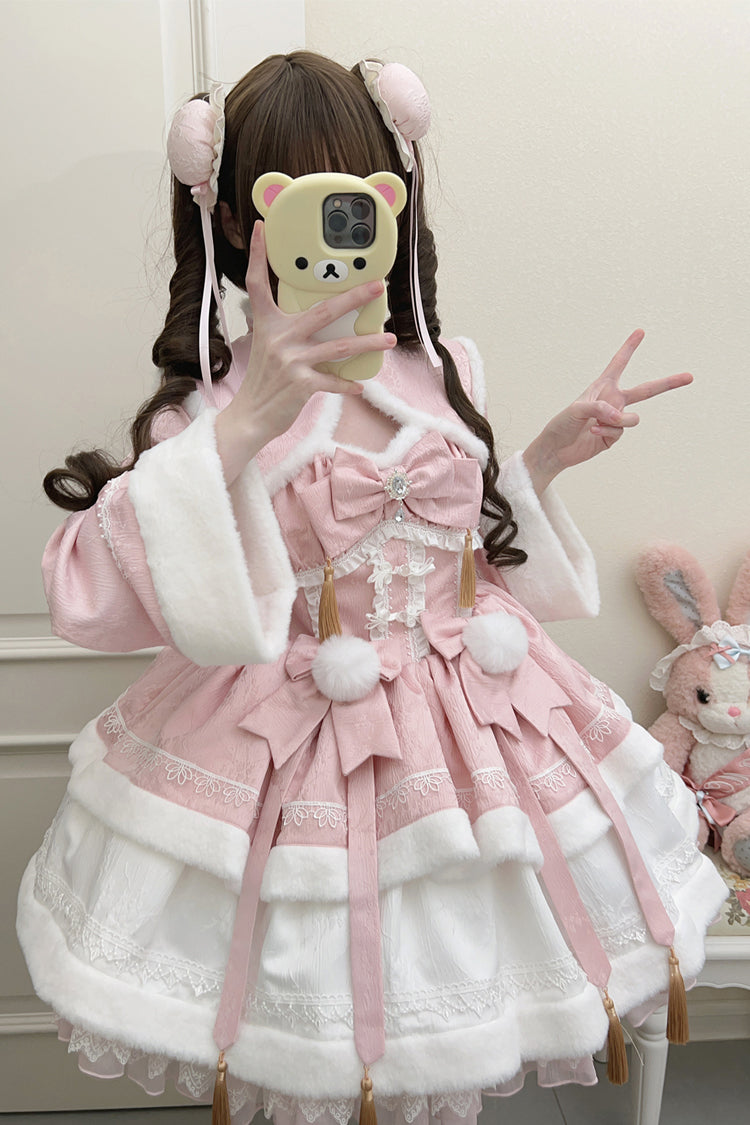 Pink [Snow Rabbit] Long Sleeves Ruffle Bowknot Fake Two Pieces Sweet Lolita Dress