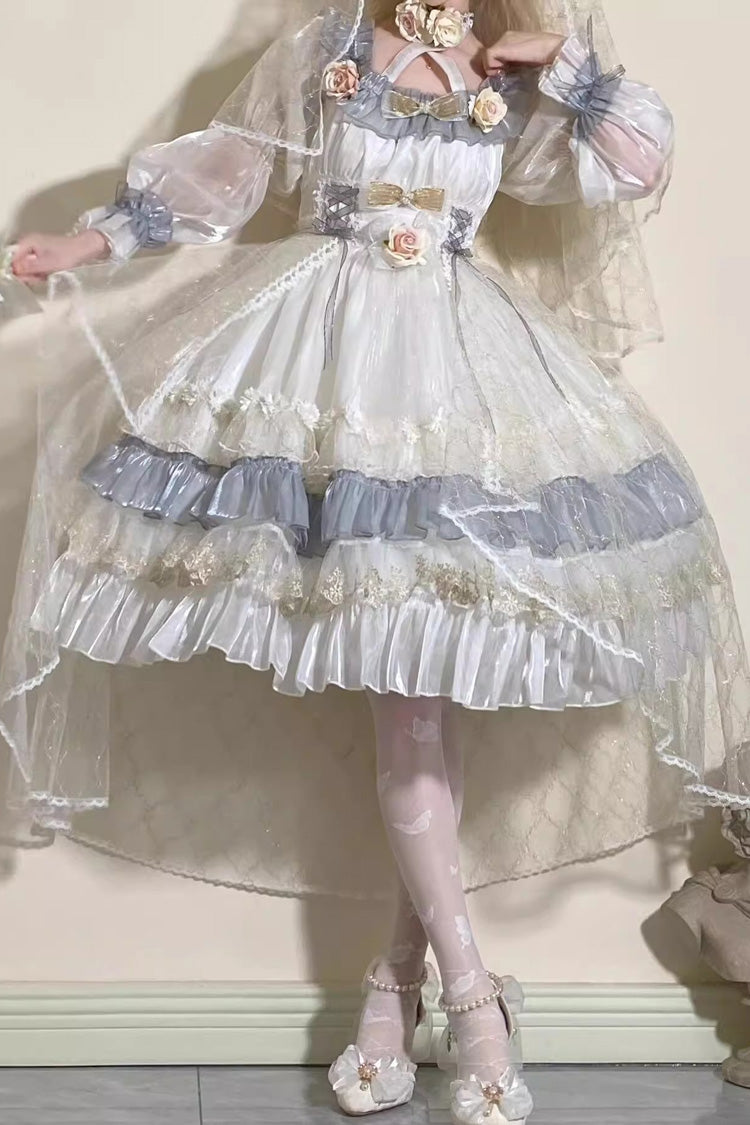 Grey/Blue [Spring of Boliya] Long Sleeves Multi-Layered Ruffle Bowknot Lace Lace-Up Sweet Princess Lolita Dress
