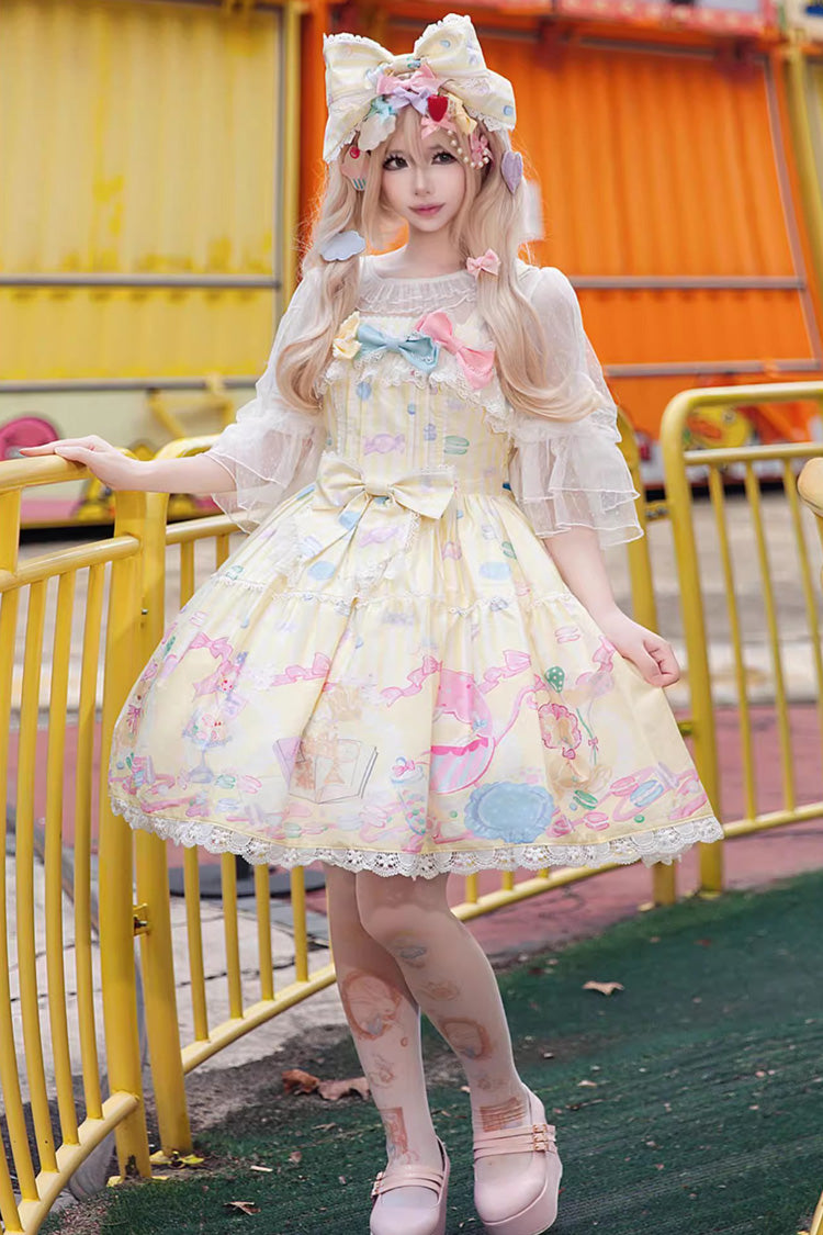 Robe Jsk Lolita douce sans manches avec nœud imprimé [Macaron Dolly House] jaune 