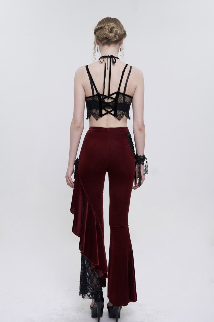 Red Velvet Single Side Stitching Rose Net Side Rope Decoration Asymmetric Pattern Flare Women's Gothic Pants
