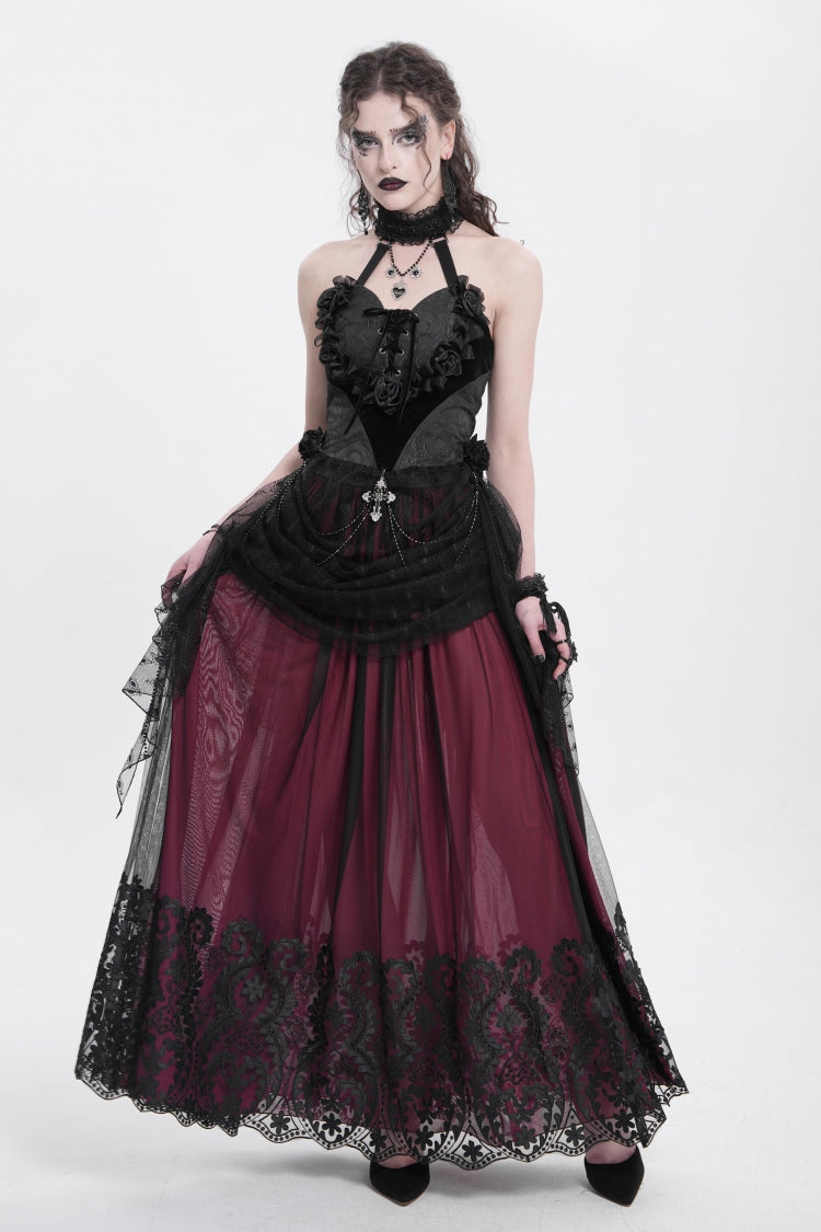 ブラックハルターネックノースリーブ刺繍ステッチローズハートレース女性用ゴシックブラウス 