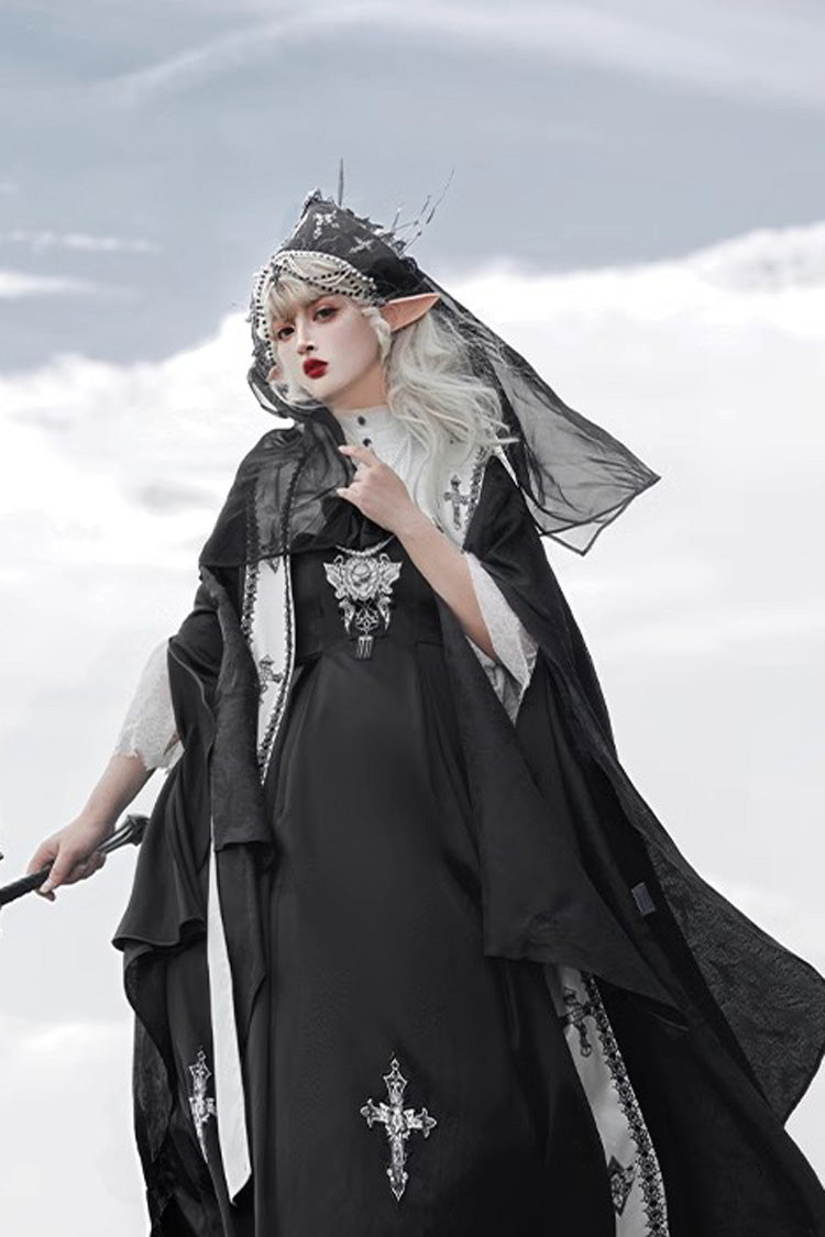 Black [Cross Nun] Stand Collar Off Shoulder Print Bowknot Gothic Elegant Lolita Dress