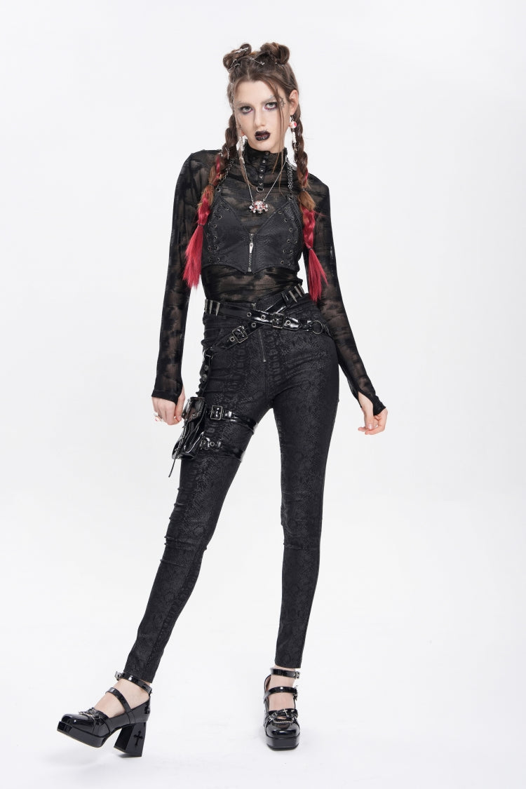 Black Print Buckle Straps Women's Punk Pants with Leg Bag