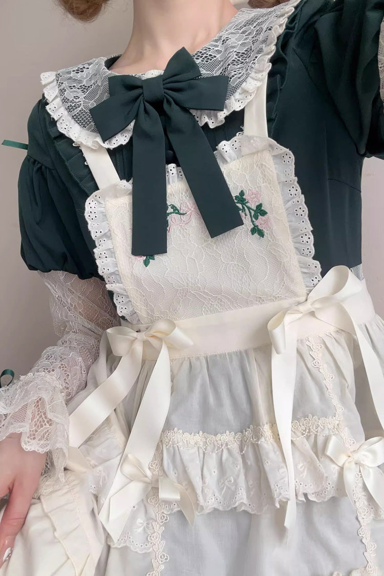 Green [Mist over Flowers Along the Path] Lapel Collar Long Sleeves Embroidery Bowknot Lace Sweet Lolita Dress