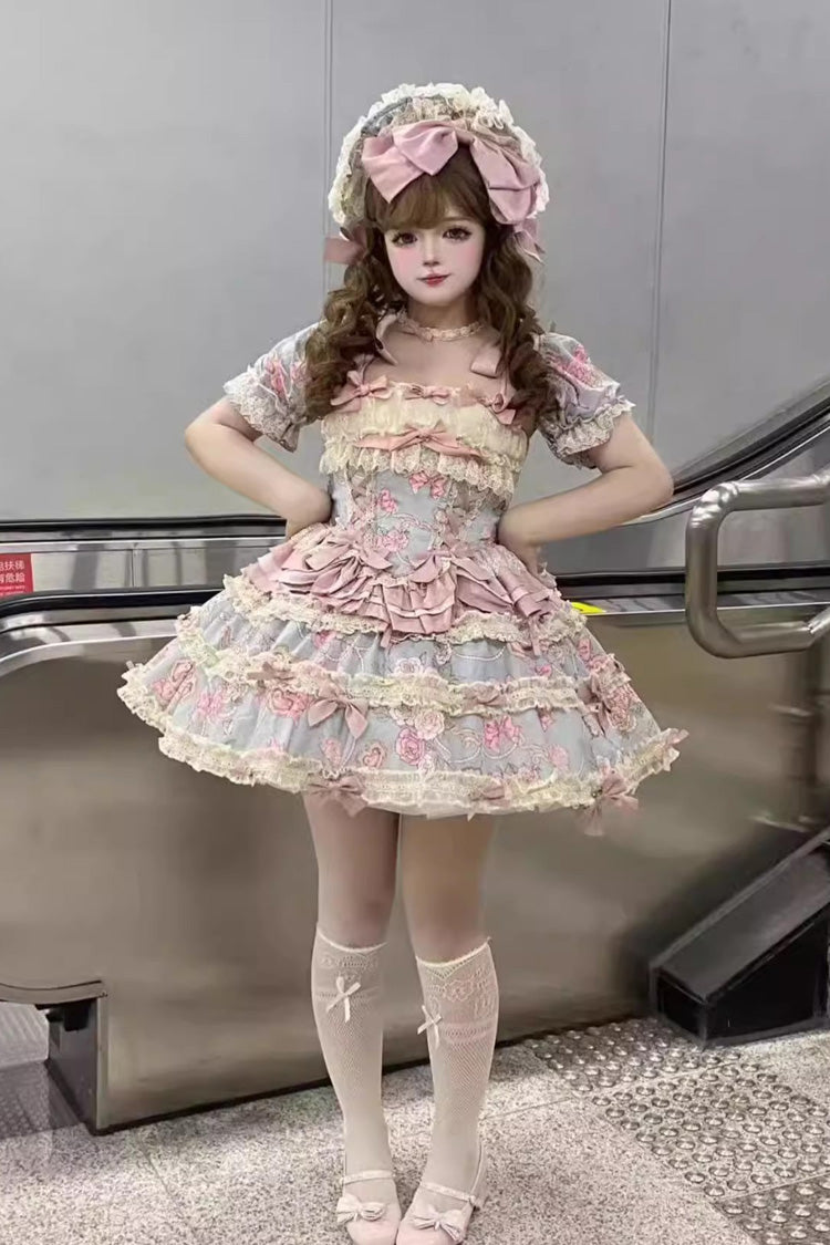 Blue/Pink [Gem Rose] Multi-Layered Ruffle Bowknot Lace Sweet Princess Lolita Skirt 2 Versions