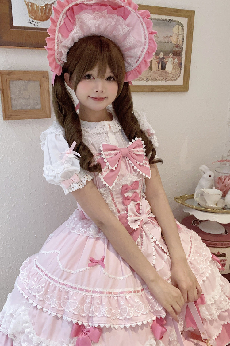 Pink [Fondant Cake] Sleeveless Multi-Layered Ruffle Bowknot Lace Sweet Lolita Jsk Dress
