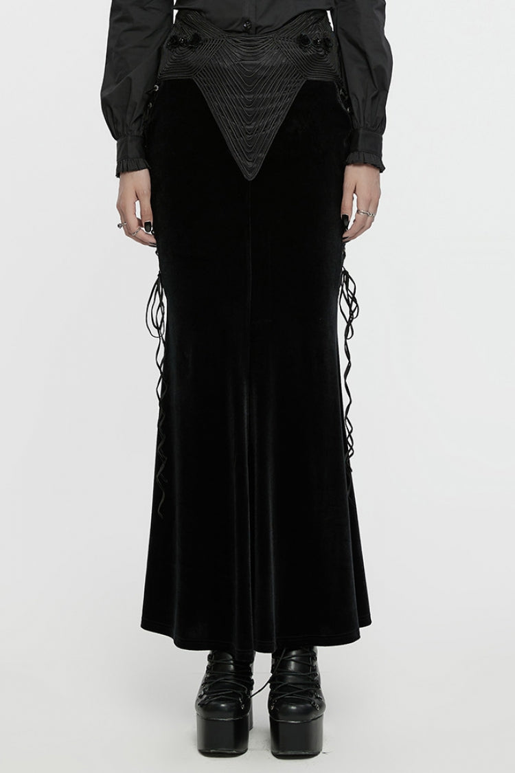 Black Ruffle Rose Embroidery Lace-Up Women's Gothic Fishtailed Skirt