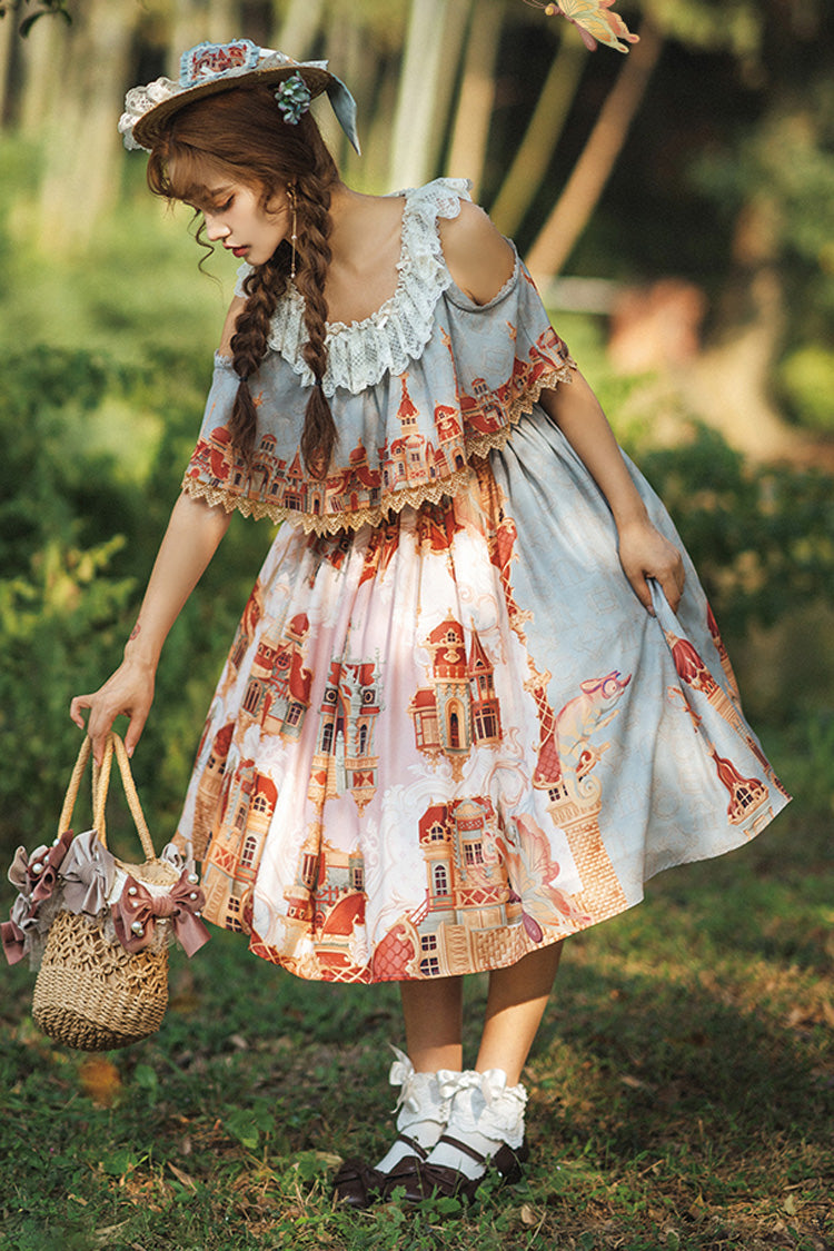 Multi-Color European Architectural Oil Painting Print Off Shoulder Short Sleeves Bowknot Sweet Lolita Dress