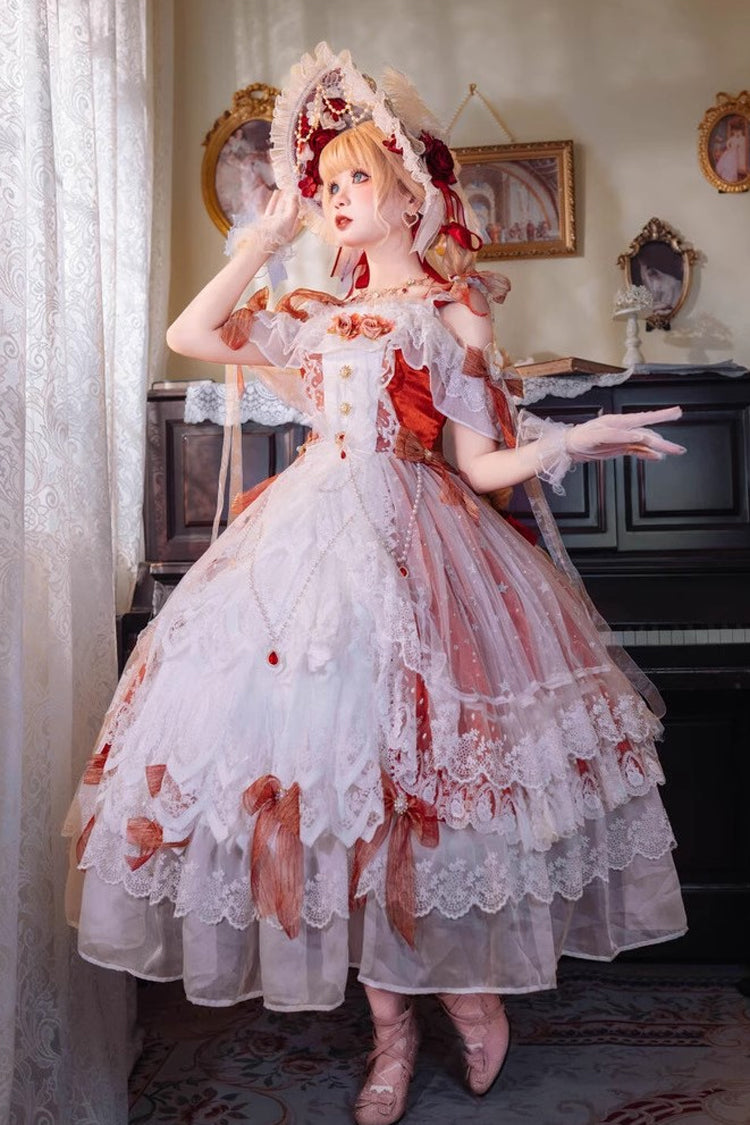 Red [Glazed Phantom] Off Shoulder Ruffle Hanayome Bowknot Lace Sweet Elegant Lolita Dress