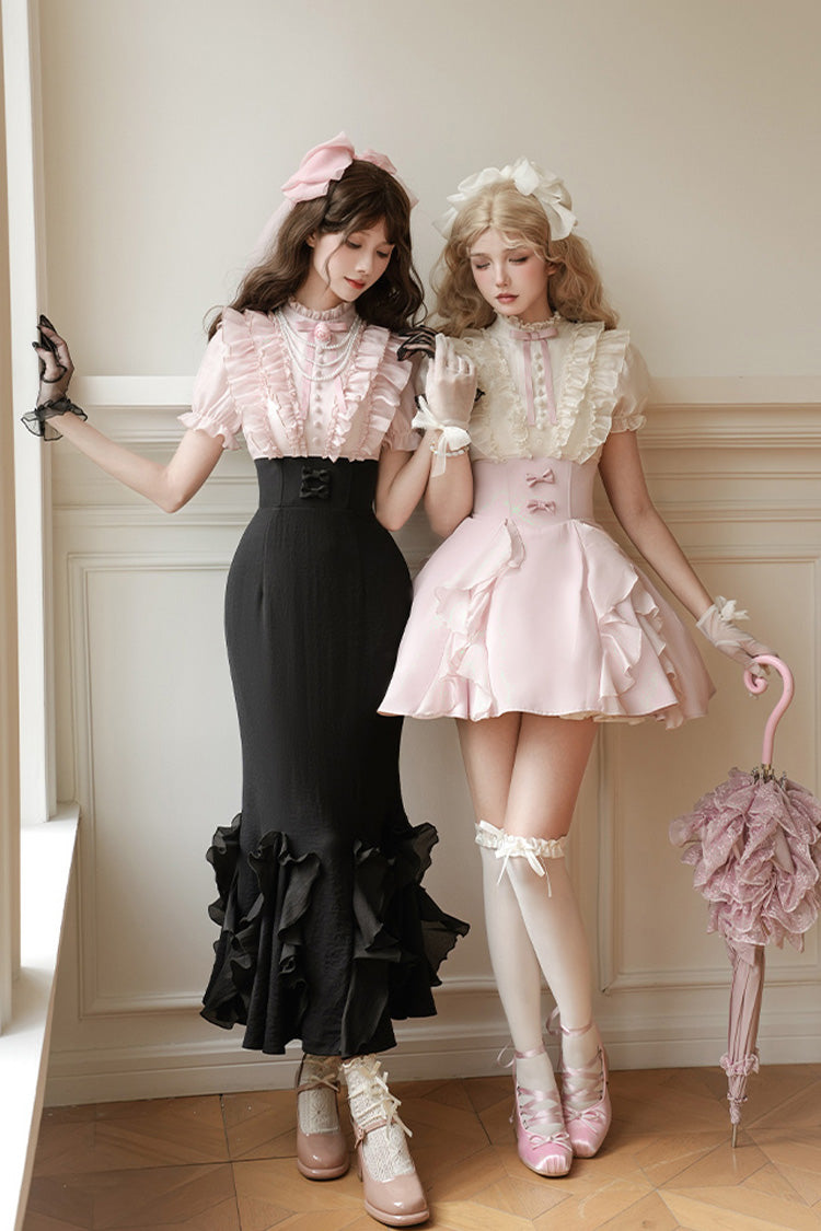 Rose/Abricot [Miss Lola] Col montant Manches courtes Volant Nœud papillon Robe Sweet Lolita 
