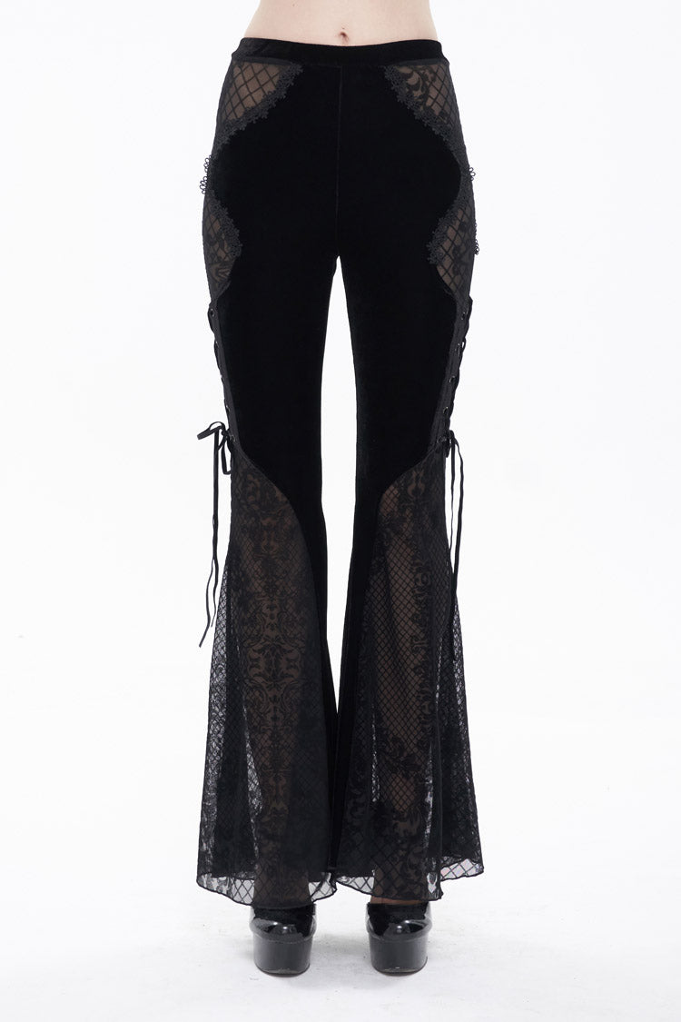 Black Translucent Velvet Jacquard Sexy Panel Lace-Up Plaid Flared Gothic Women's Pants