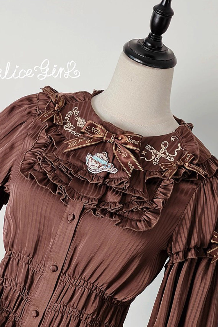 [Teddy Bear Chocolate] Round Collar Long Trumpet Sleeves Ruffle Bowknot Sweet Lolita Blouse 3 Colors