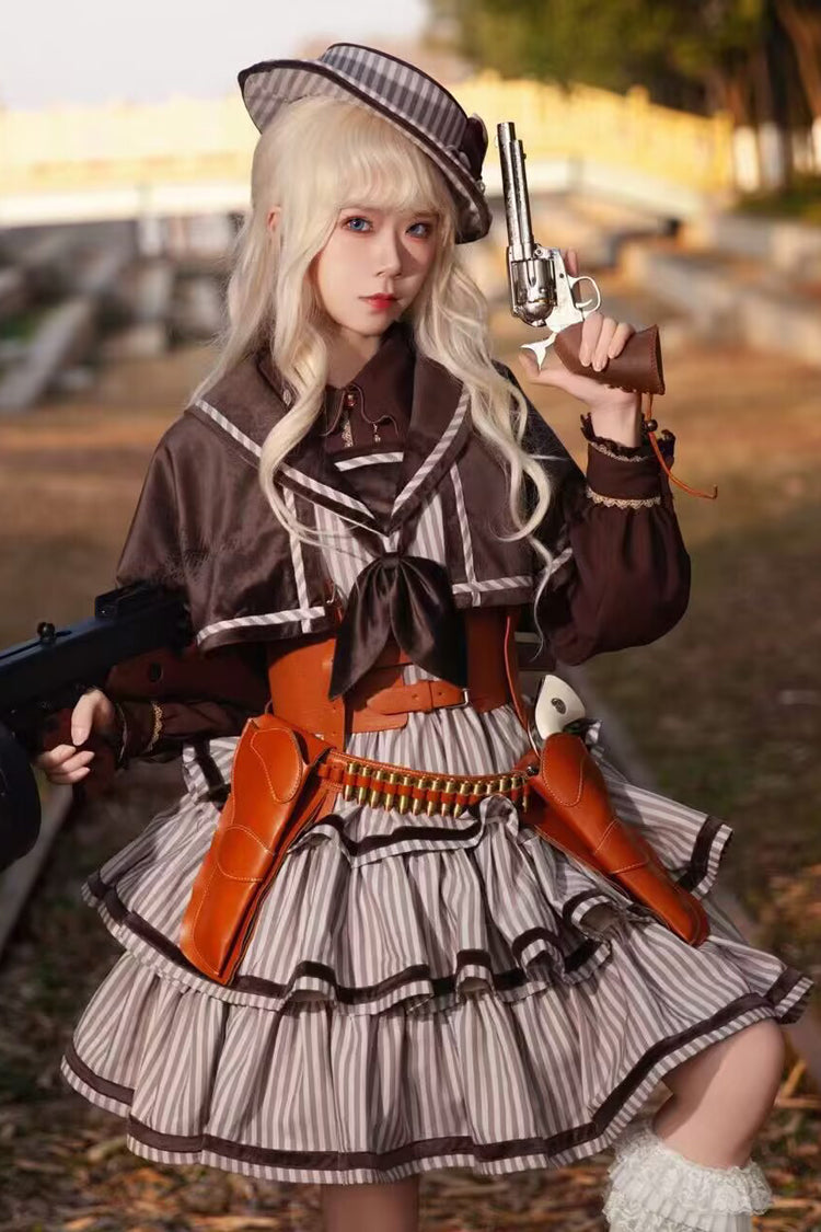 [From Afar] Sleeveless Triple-Layered Stripe Print Bowknot Sweet College Style Lolita Dress 2 Colors