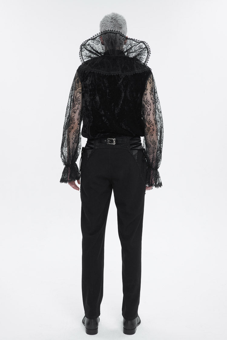 Black Lotus Leaf Stand Collar Semitransparent Lace Long Sleeved Men's Gothic Shirt