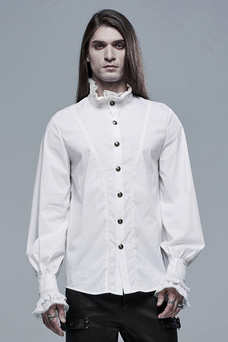 Weiße schmale Gothic-Bluse mit Stehkragen und Laternenärmeln für Herren