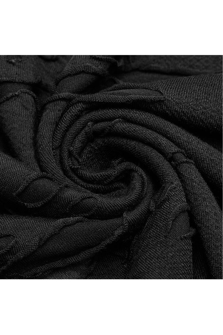 Schwarzes Punk-T-Shirt für Damen mit langen Ärmeln, hohem Kragen, ausgehöhltem Riemen vor der Brust, unregelmäßigem Saum, gebrochenen Löchern und gespleißtem Netzstoff