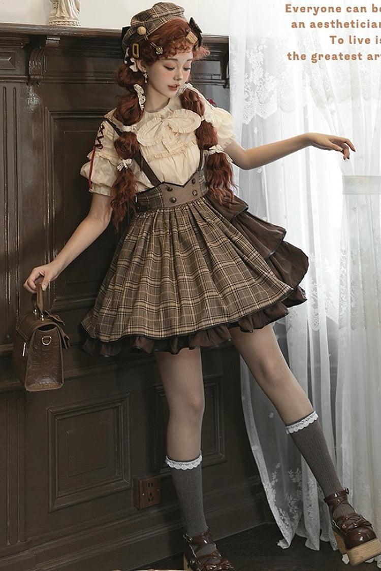 Brown Sherlock Detective Ruffle Color Matching Gothic Lolita Strap Skirt